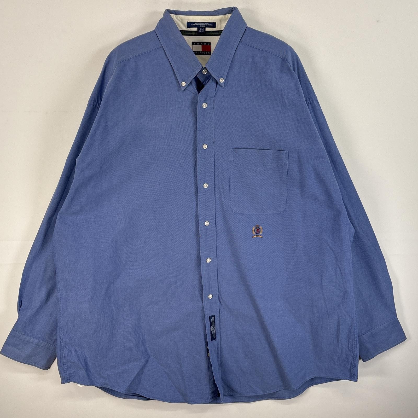古着 90's/90年代 トミーヒルフィガー TOMMY HILFIGER 長袖シャツ ロゴ 刺繍 ボタンダウンシャツ フラッグタグ 17 1/2 XL-2XL ブルー 無地 メンズ
