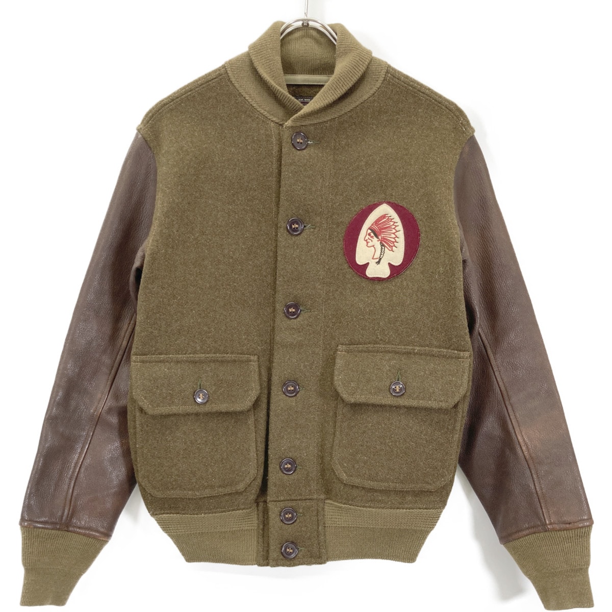 ダブルアールエル カーキ×ブラウン系 インディアン ワッペン レザー切り替えスタジャン XS