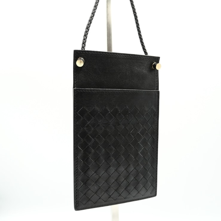 BOTTEGA VENETA(ボッテガ・ヴェネタ)イントレチャート フォンケース ヴィンテージ ショルダーバッグ ブラック レザー ゴールド金具 レディース 【中古】