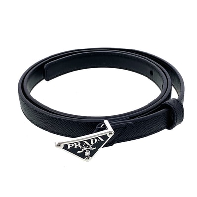 PRADA プラダ トライアングルロゴ サフィアーノ ベルト 1CC621 レザー ブラック シルバー レディース【中古】