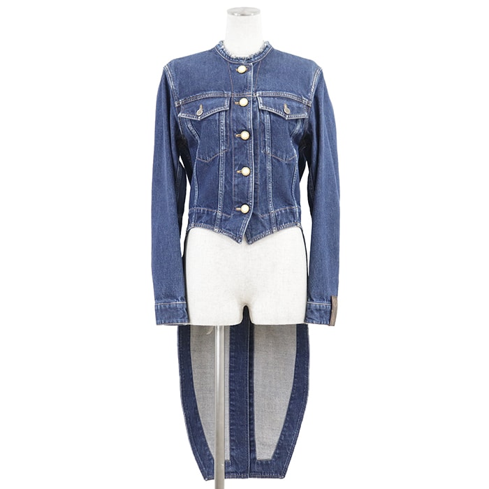 【美品】LOUIS VUITTON ルイ・ヴィトン テールコートデニムジャケット サイズ 34 レディース 2022SS シグネチャー ロゴ LV モノグラムキャンバス ディテール バックベルト Gジャン アウター 付属有 インディゴ イタリア製
