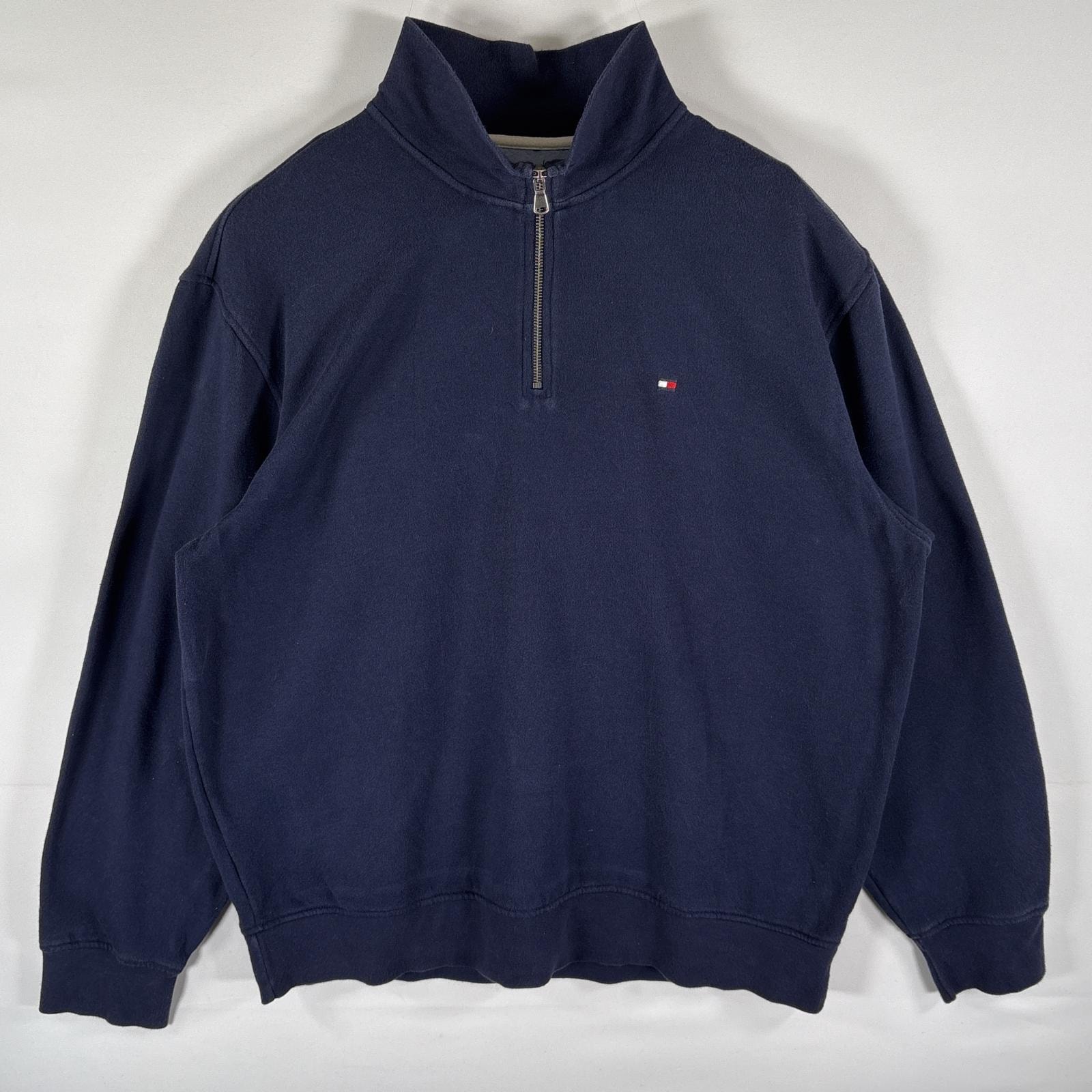 古着 トミーヒルフィガー TOMMY HILFIGER スウェット ハーフジップ トレーナー ワンポイントロゴ刺繍 大きいサイズ 14041  ネイビー メンズ