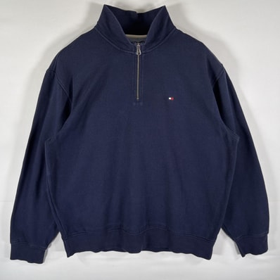 古着 トミーヒルフィガー TOMMY HILFIGER スウェット ハーフジップ トレーナー ワンポイントロゴ刺繍 大きいサイズ 14041 ネイビー メンズ