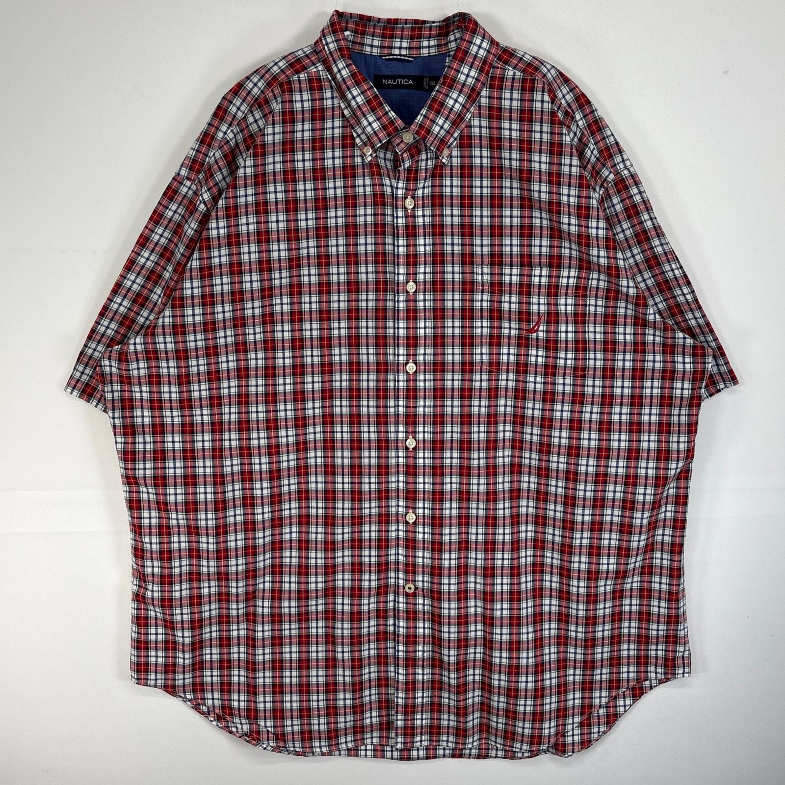 古着 ノーティカ NAUTICA 半袖シャツ ロゴ 刺繍 ボタンダウン チェック 2XL  レッド系 マルチカラー メンズ