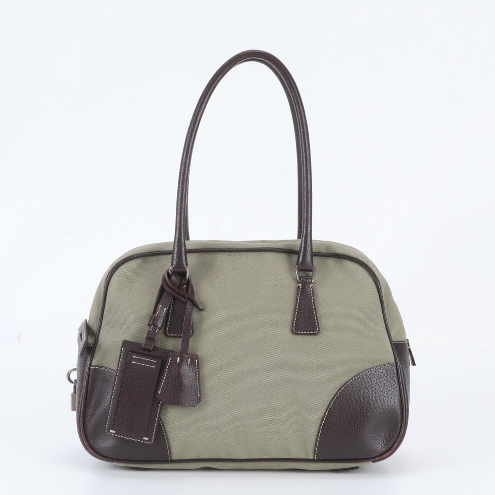 ■美品 プラダ トライアングルロゴトート バッグ レザー×キャンバス