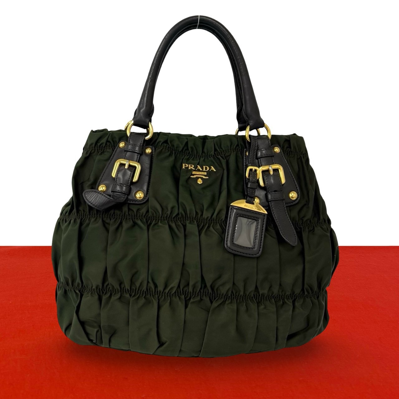 PRADA プラダ ロゴ 金具 ギャザー ナイロン レザー ハンドバッグ カーキ
40163