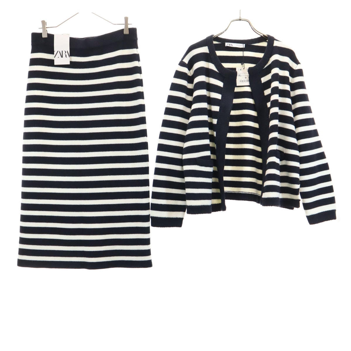 未使用 ZARA ザラ ボーダー柄 長袖 ニット カーディガン 上下セットアップ XL ブラック