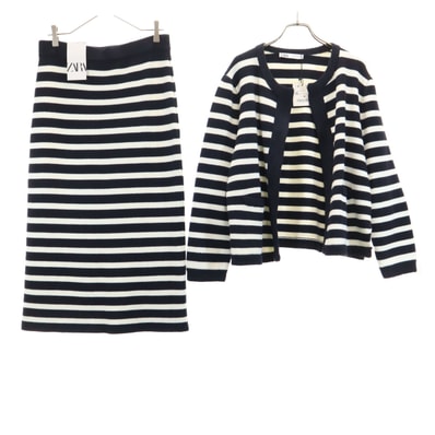 未使用 ZARA ザラ ボーダー柄 長袖 ニット カーディガン 上下セットアップ XL ブラック