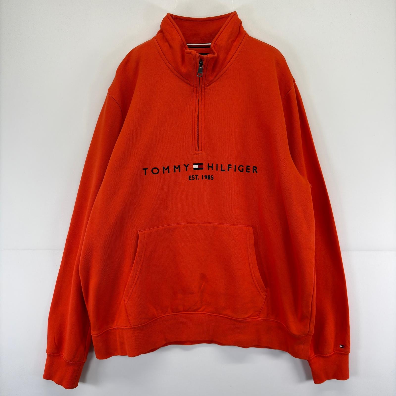 古着 トミーヒルフィガー TOMMY HILFIGER スウェット ハーフジップ プルオーバー 刺繍 大きいサイズ トレーナー 3XL  オレンジ メンズ