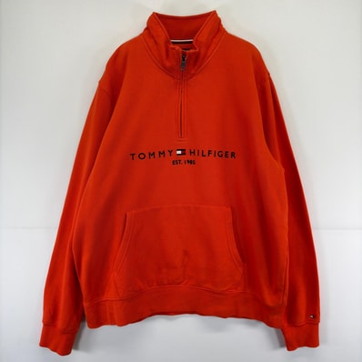 古着 トミーヒルフィガー TOMMY HILFIGER スウェット ハーフジップ プルオーバー 刺繍 大きいサイズ トレーナー 3XL オレンジ メンズ