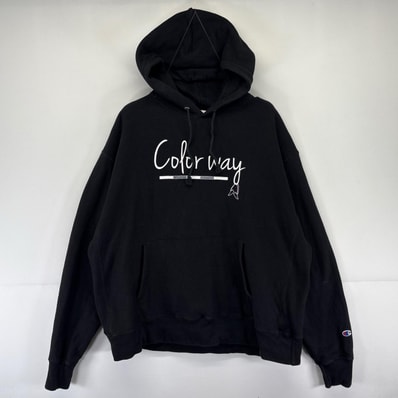 古着 チャンピオン Champion パーカー 大きいサイズ スウェット リバースウィーブ プリント 2XL ブラック系 メンズ