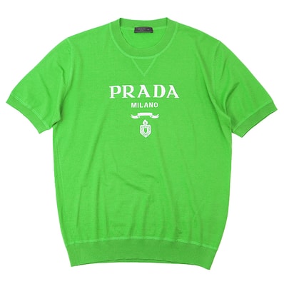 【美品】 プラダ 2021年製 ロゴモチーフ 半袖 ニット メンズ グリーン ホワイト 50 PRADA