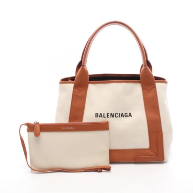 バレンシアガ BALENCIAGA NAVY CABAS S ネイビーカバ トートバッグ バッグ キャンバス レザー レディース アイボリー系 / ブラウン系 339933 【中古】