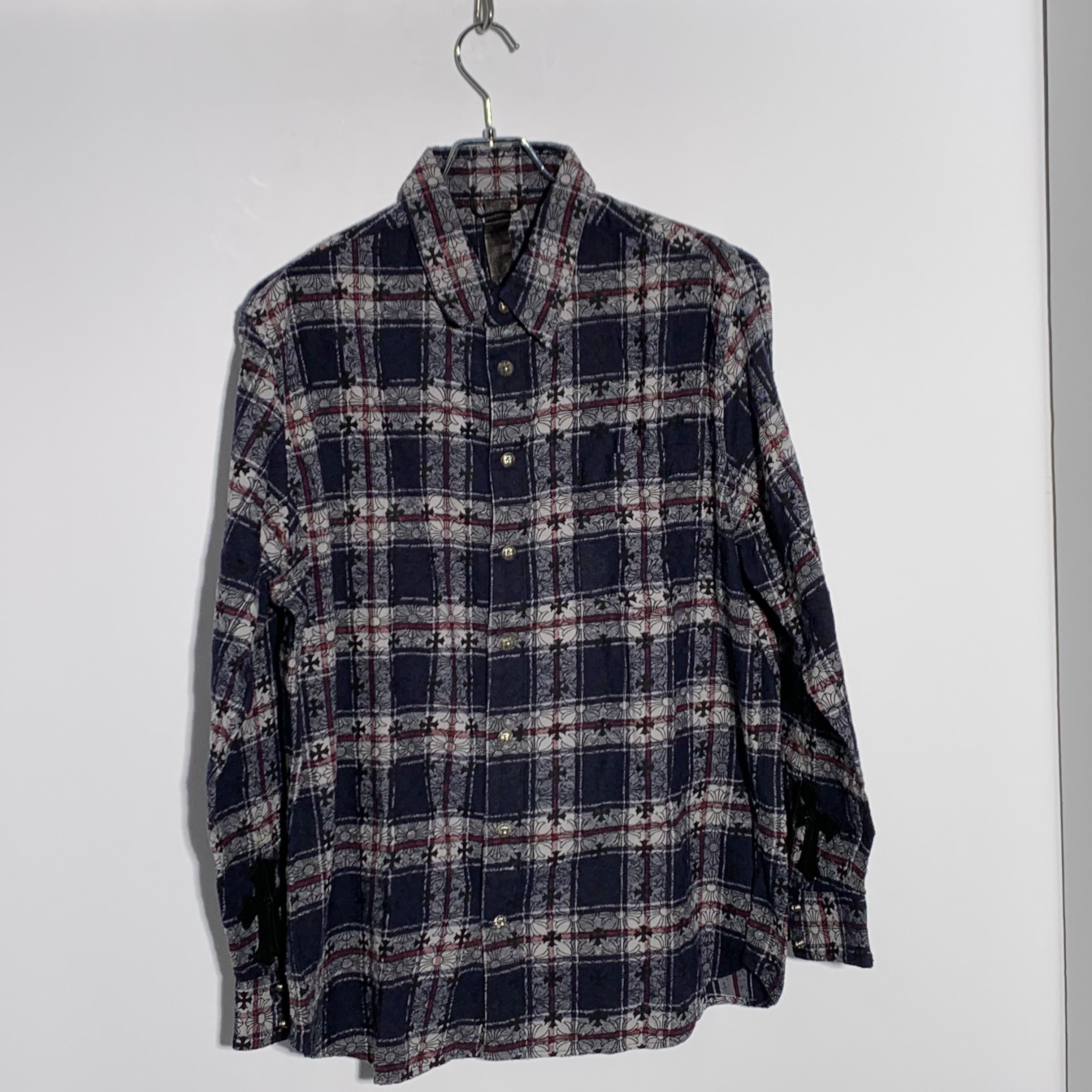 Chrome Hearts Loose End Cross Patch Cross Pattern Check L/S Shirt "Navy/Silver"