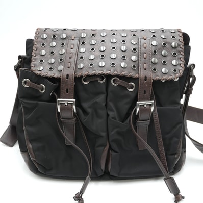 PRADA(プラダ)アイレットフラップ ショルダーバッグ テスート ナイロン×レザー ブラック×ダークブラウン シルバー金具 レディース【中古】