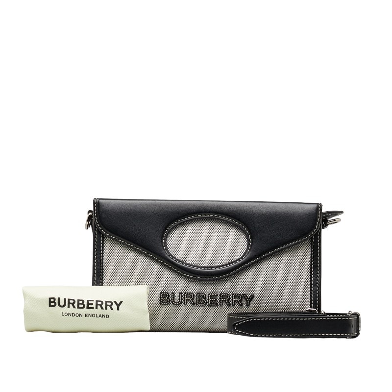 バーバリー ロゴ  ホースフェリー ハンドバッグ ショルダーバッグ 2WAY グレー ブラック コットンキャンバス レザー レディース BURBERRY 中古