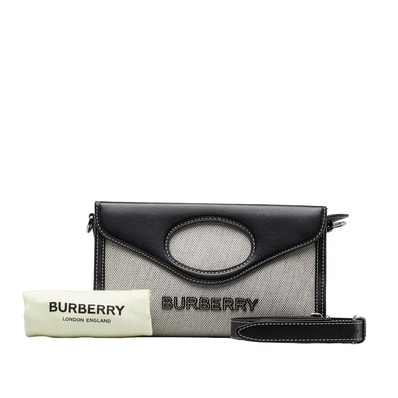 バーバリー ロゴ ホースフェリー ハンドバッグ ショルダーバッグ 2WAY グレー ブラック コットンキャンバス レザー レディース BURBERRY 中古