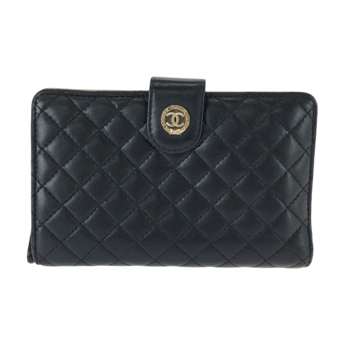 CHANEL シャネル マトラッセ ココマーク ブラック ピンク ゴールド金具 レザー 折財布 コンパクトウォレット 603980 【中古】