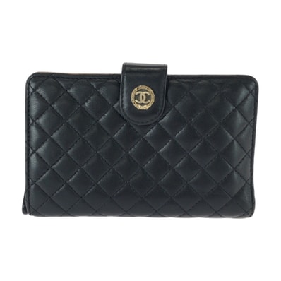 CHANEL シャネル マトラッセ ココマーク ブラック ピンク ゴールド金具 レザー 折財布 コンパクトウォレット 603980 【中古】