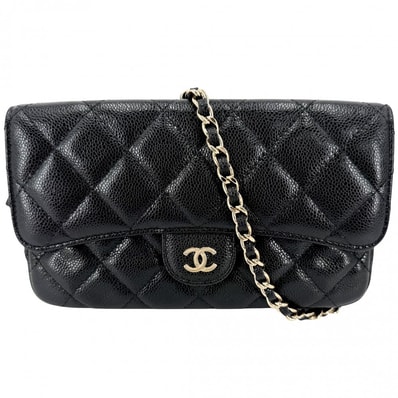 CHANEL シャネル ショルダーバッグ マトラッセ フラップ フォンケース チェーンウォレット 肩掛け 斜め掛け ココマーク キャビアスキン ブラック 黒 ゴールド金具 レディース 美品【中古品】