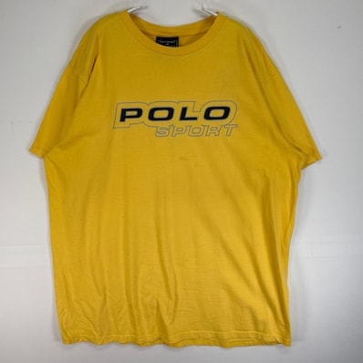 古着 ポロスポーツ POLO SPORTS 半袖Tシャツ センターロゴ クルーネック Y2K L イエロー プリント メンズ