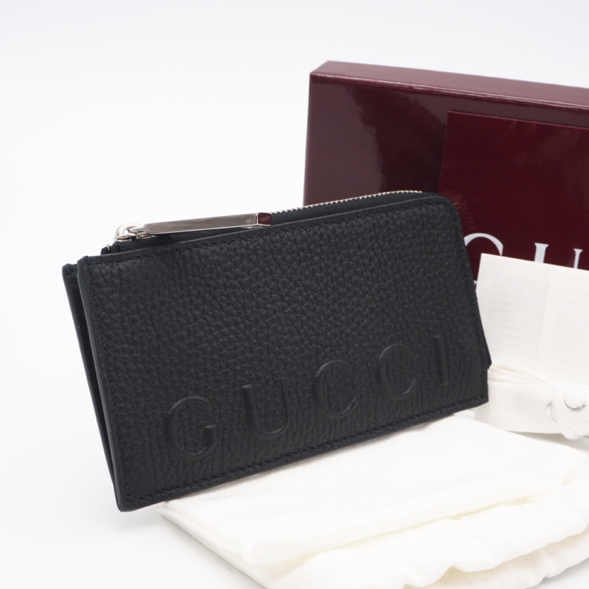 未使用 GUCCI グッチ ロゴ ジップカードケース 835073 コインケース ブラック グレインレザー メンズ