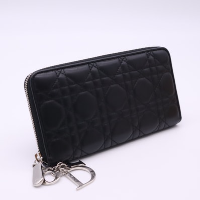 美品 Christian Dior クリスチャンディオール カナージュ ラムスキン Lady Dior Voyageur ウォレット S0007ONMJ 長財布 ブラック シルバー ラムスキン レディース