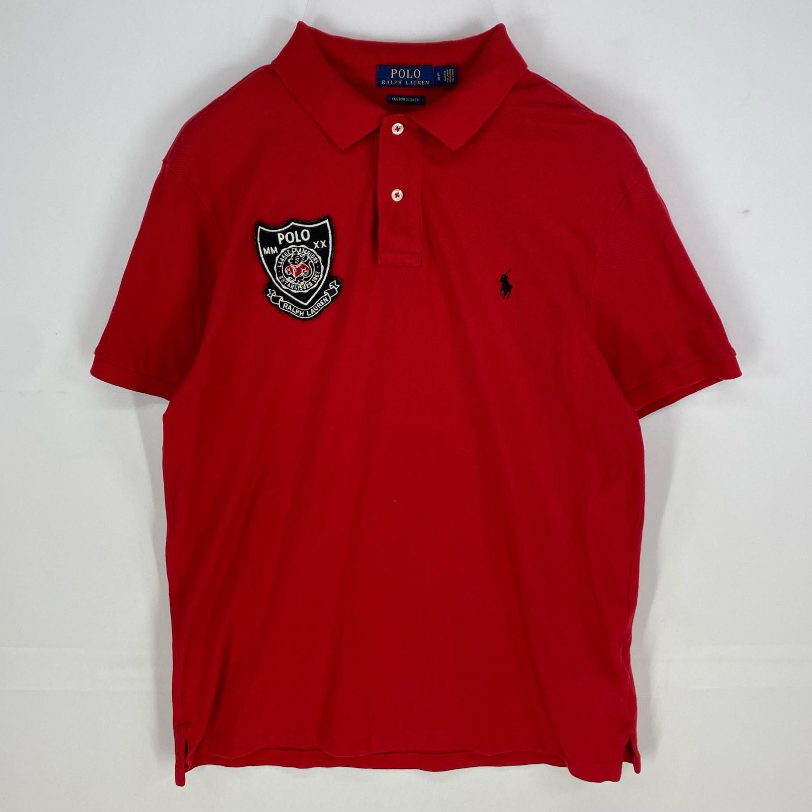 古着 ポロ・ラルフローレン POLO RALPH LAUREN 半袖シャツ ワッペン ワンポイントロゴ刺繍 ポロシャツ L レッド系 メンズ