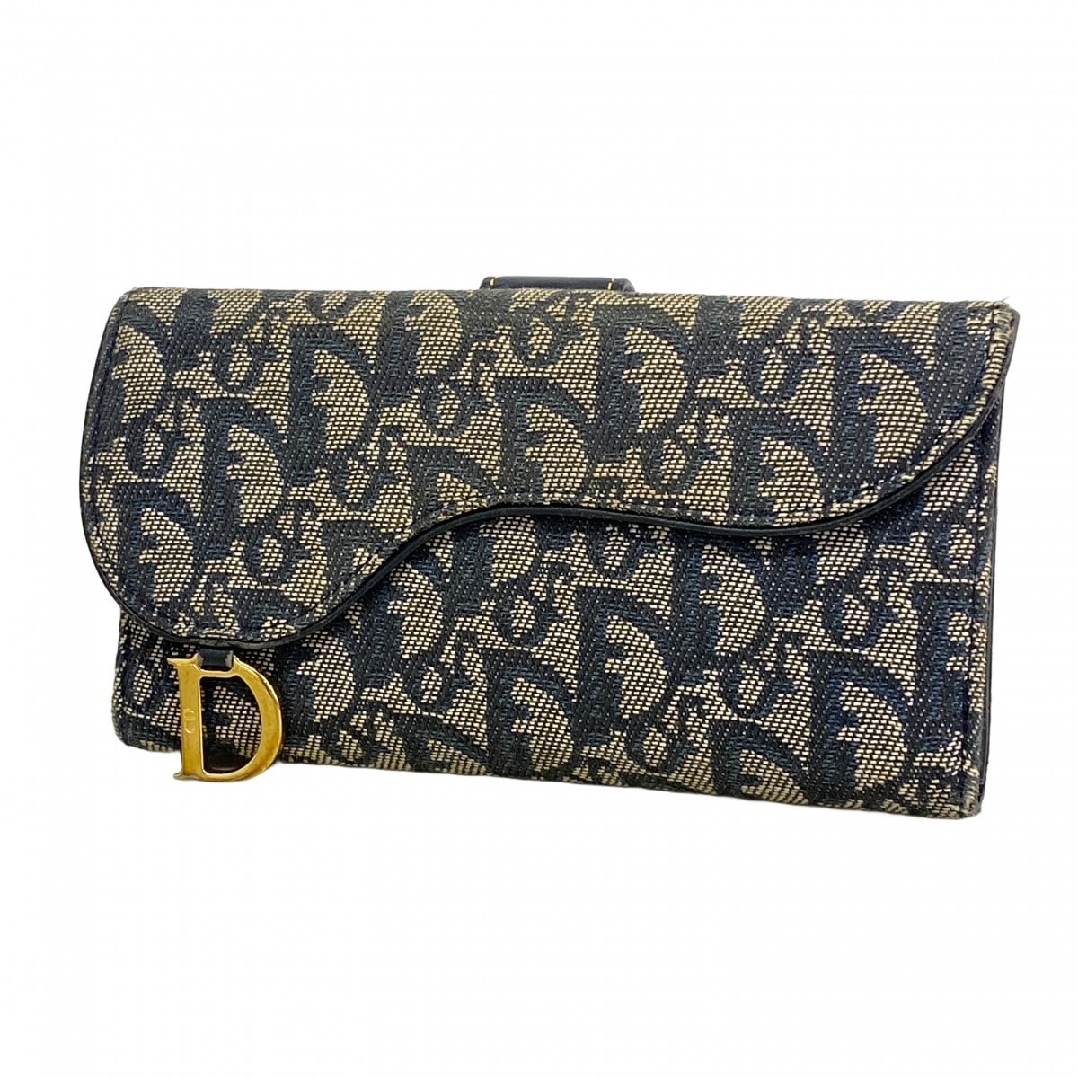 【6de6016】クリスチャンディオール 長財布 トロッター キャンバス ネイビー ベージュ ゴールド金具【中古】レディース