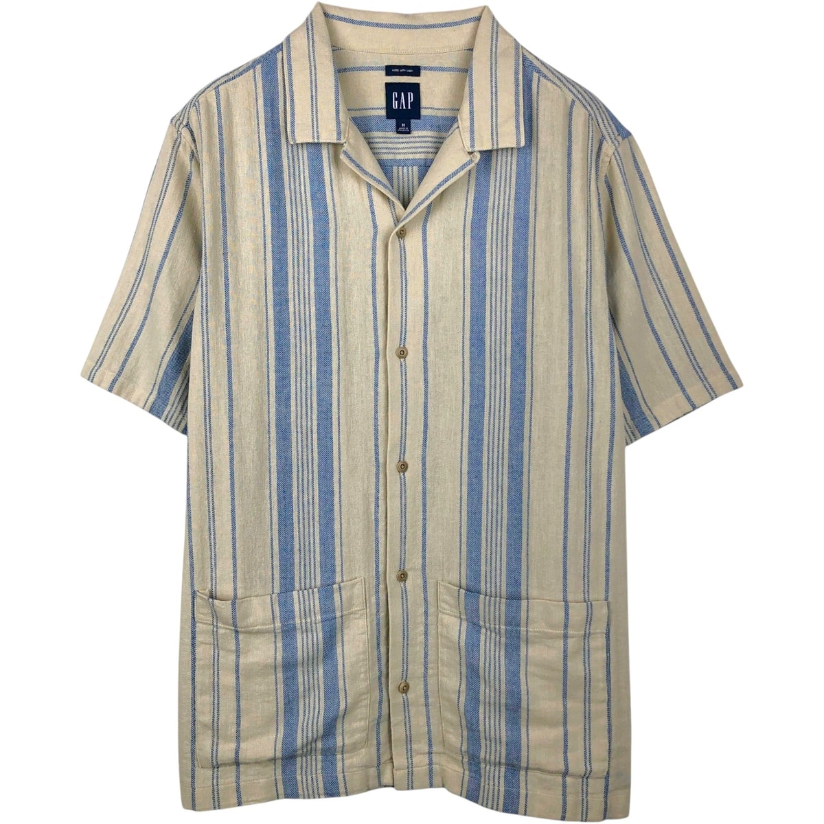 古着 00年代 ギャップ GAP MADE WITH LINEN ストライプ柄 マルチストライプ 半袖 オープンカラー コットンシャツ ボックスシャツ メンズM相当/eaa655820