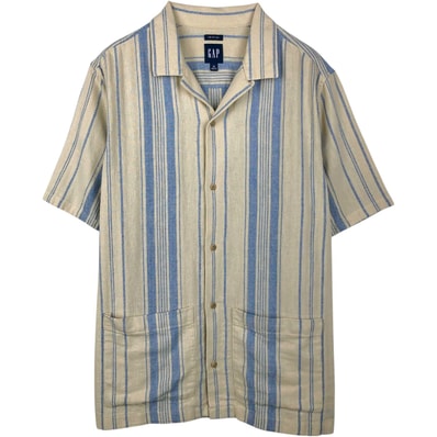 古着 00年代 ギャップ GAP MADE WITH LINEN ストライプ柄 マルチストライプ 半袖 オープンカラー コットンシャツ ボックスシャツ メンズM相当/eaa655820