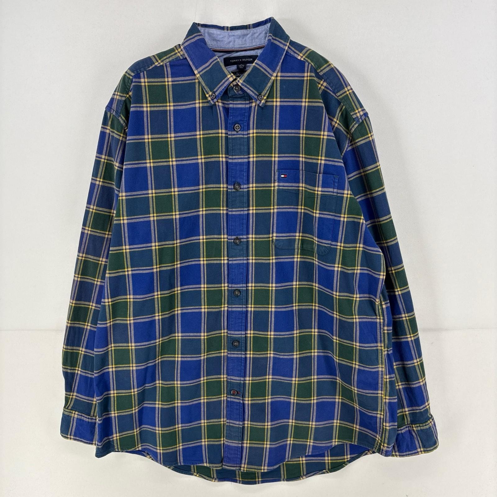 古着 トミーヒルフィガー TOMMY HILFIGER 長袖シャツ ワンポイント ロゴ 刺繍 胸ポケット 大きいサイズ XL  ブルー系 チェック メンズ