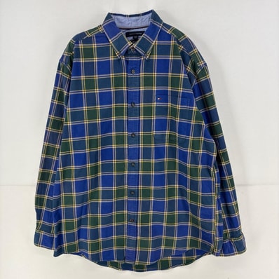 古着 トミーヒルフィガー TOMMY HILFIGER 長袖シャツ ワンポイント ロゴ 刺繍 胸ポケット 大きいサイズ XL ブルー系 チェック メンズ