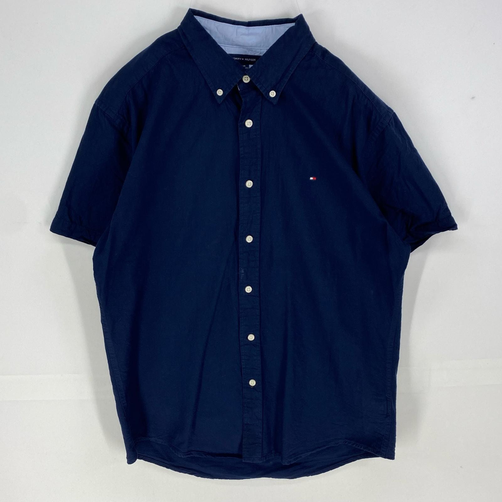 古着 トミーヒルフィガー TOMMY HILFIGER 半袖シャツ ボタンダウン ワンポイント ロゴ刺繍 ショートスリーブ L  ネイビー系 メンズ