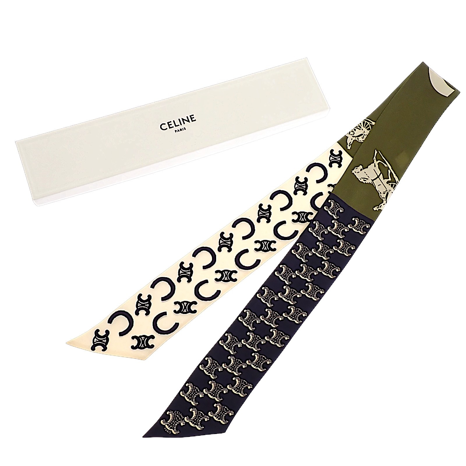 セリーヌ ラヴァリエール スカーフ シルク カーキ ネイビー【中古】【Aランク】