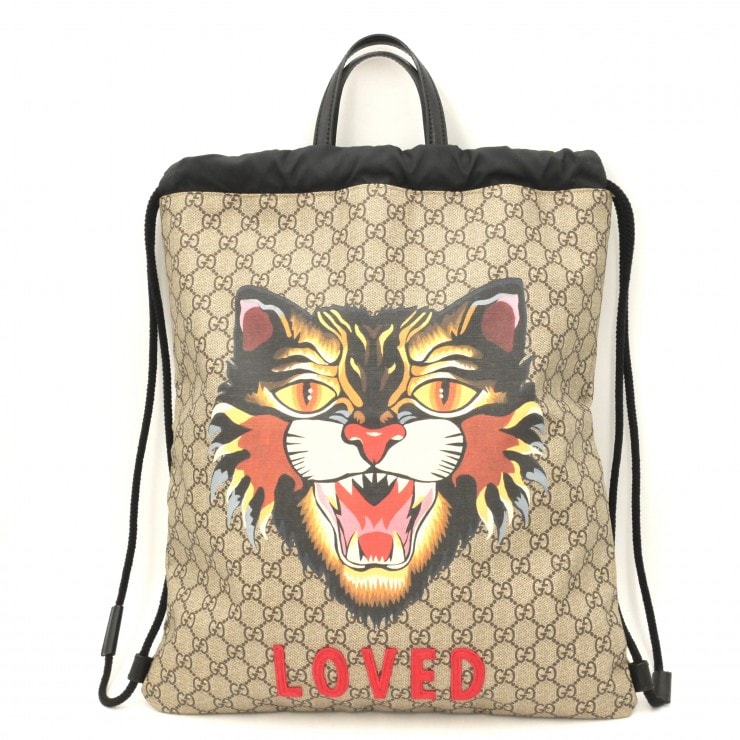 GUCCI(グッチ)アングリーキャット ドローストリングバックパック ヴィンテージ GGスプリーム リュックサック ハンドバッグ ベージュ系 473872【中古】