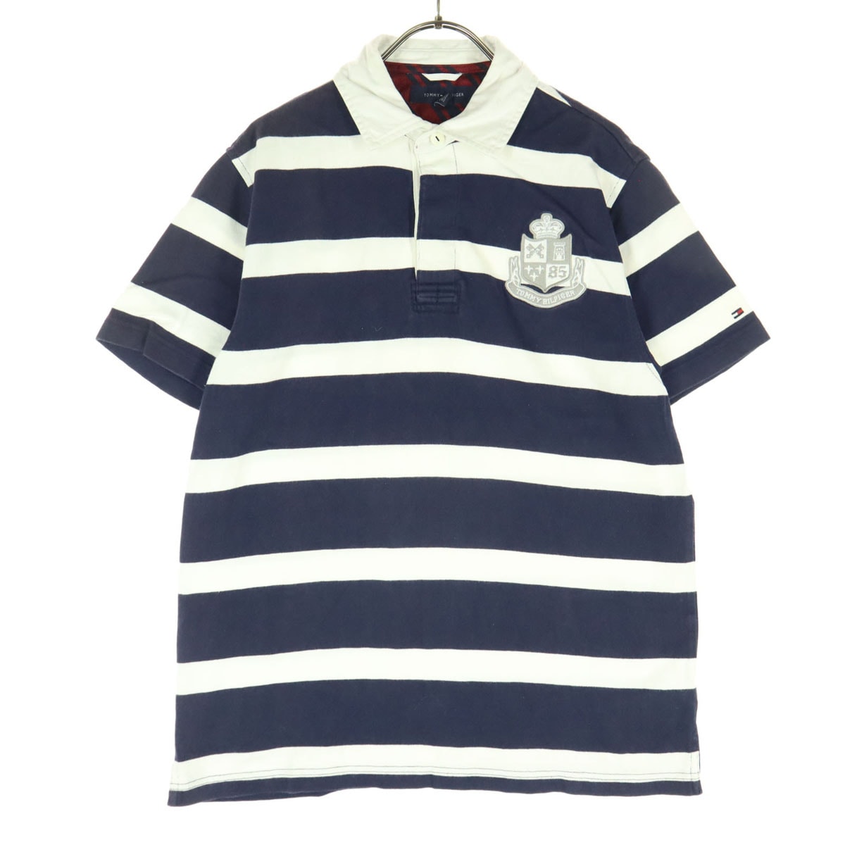 TOMMY HILFIGER トミーヒルフィガー ボーダー柄 ワッペン 半袖 ポロシャツ S ネイビー