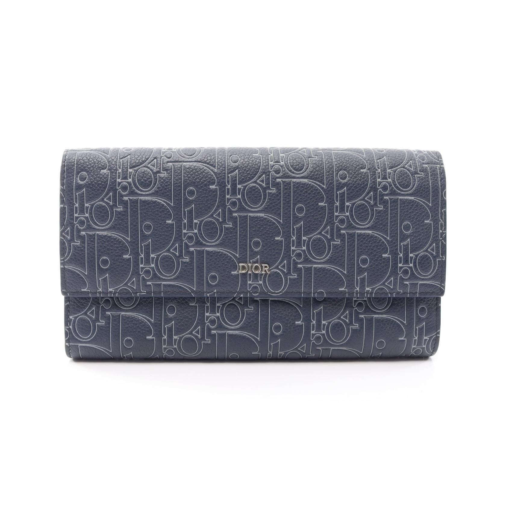 ディオール Dior ロングフラップウォレット グラビティアウトライン 二つ折り長財布 財布 レザー メンズ ネイビー系 2ESBC328FGP_H578 【中古】
