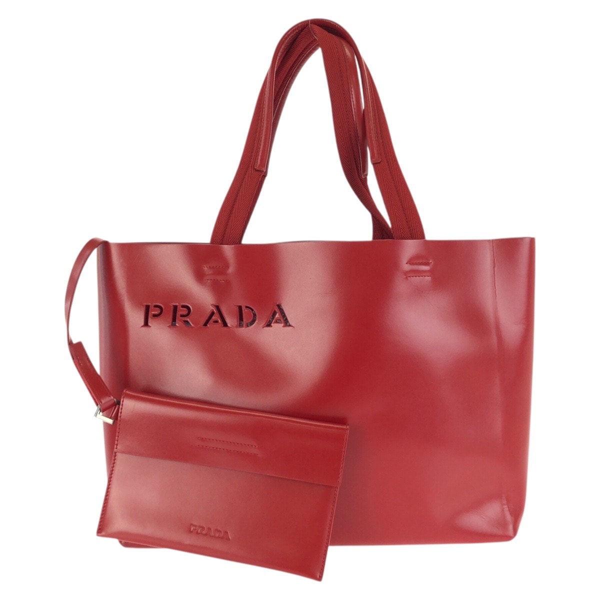 美品 PRADA プラダ ロゴ型抜き レッド シルバー金具 レザー トートバッグ ハンドバッグ 602180 【中古】