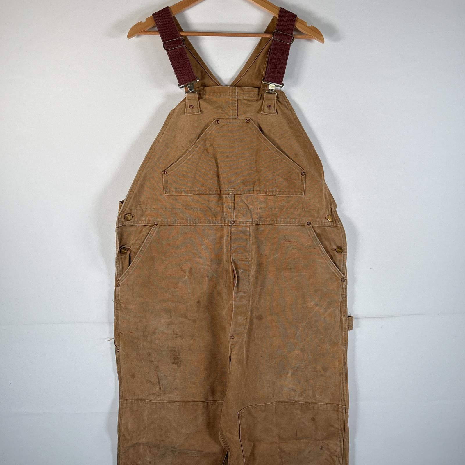 古着 70's/70年代 ヴィンテージ カーハート Carhartt USA製 オーバーオール ダック ワンポイントロゴ ワーク ダブルニー 大きいサイズ 山ポケット w44 L32 キャメル メンズ