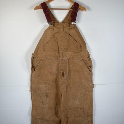 古着 70's/70年代 ヴィンテージ カーハート Carhartt USA製 オーバーオール ダック ワンポイントロゴ ワーク ダブルニー 大きいサイズ 山ポケット w44 L32 キャメル メンズ