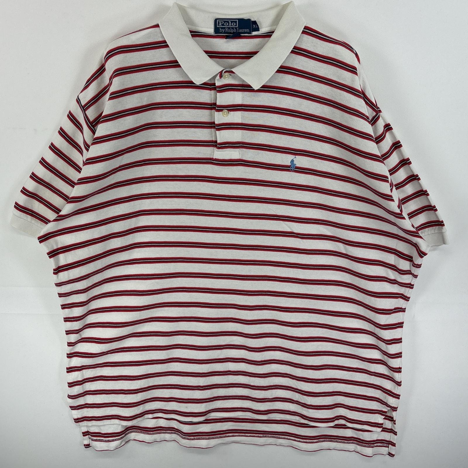 古着 90's/90年代 ポロバイラルフローレン Polo by Ralph Lauren ポロシャツ 大きいサイズ ワッフル地 ワンポイント ロゴ 刺繍 XL  ホワイト系 ボーダー メンズ