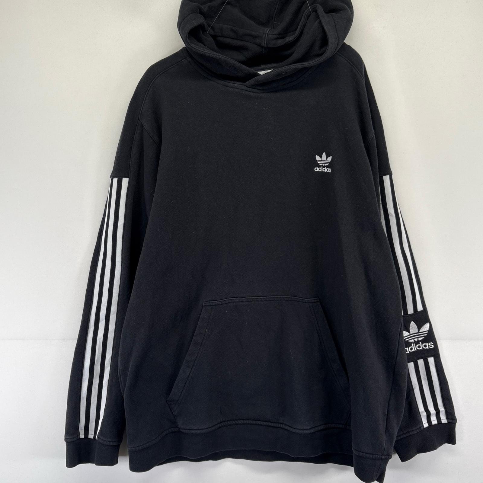古着 アディダス adidas パーカー トレフォイルロゴ スウェット 袖ライン  プルオーバー  ブラック系 メンズ