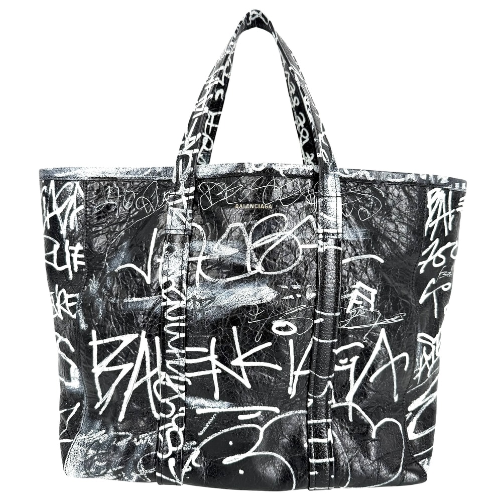 BALENCIAGA バレンシアガ 2WAY バルべス グラフィティ ハンドバッグ トートバッグ 肩掛け 斜め掛け 671409 レザー    ブラック 黒 ホワイト 白 シルバー金具 レディース 美品【中古品】