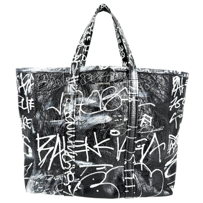 BALENCIAGA バレンシアガ 2WAY バルべス グラフィティ ハンドバッグ トートバッグ 肩掛け 斜め掛け 671409 レザー ブラック 黒 ホワイト 白 シルバー金具 レディース 美品【中古品】