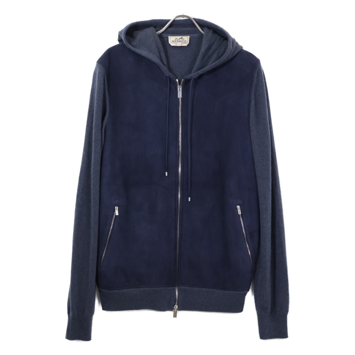 エルメス スエードレザーxカシミヤ 切替 ジップアップ パーカー L
