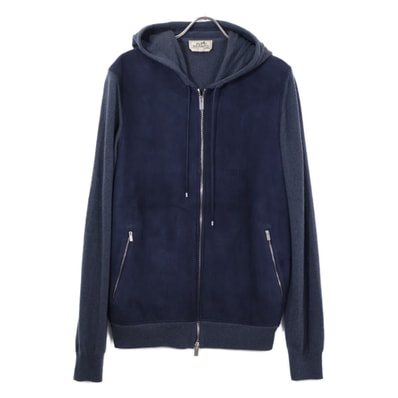 エルメス スエードレザーxカシミヤ 切替 ジップアップ パーカー L