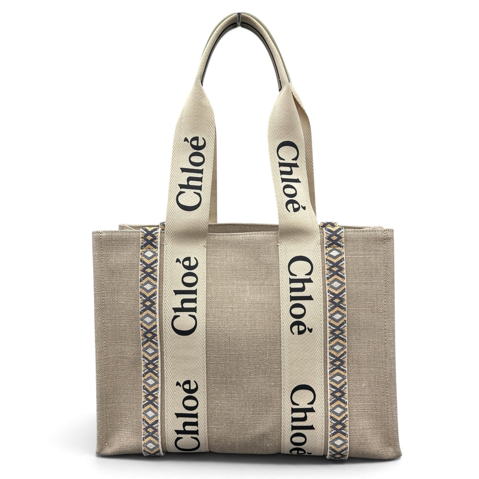 CHLOE 極美品 クロエ WOODY ウッディ ミディアムトート 幾何学模様 トートバッグ キャンバス レザー ベージュ マルチカラー 肩掛け Aランク 中古 鑑定済 クロエバッグ