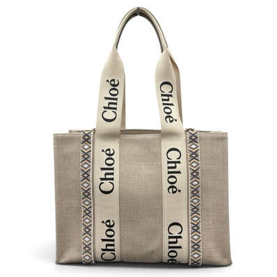CHLOE 極美品 クロエ WOODY ウッディ ミディアムトート 幾何学模様 トートバッグ キャンバス レザー ベージュ マルチカラー 肩掛け Aランク 中古 鑑定済 クロエバッグ