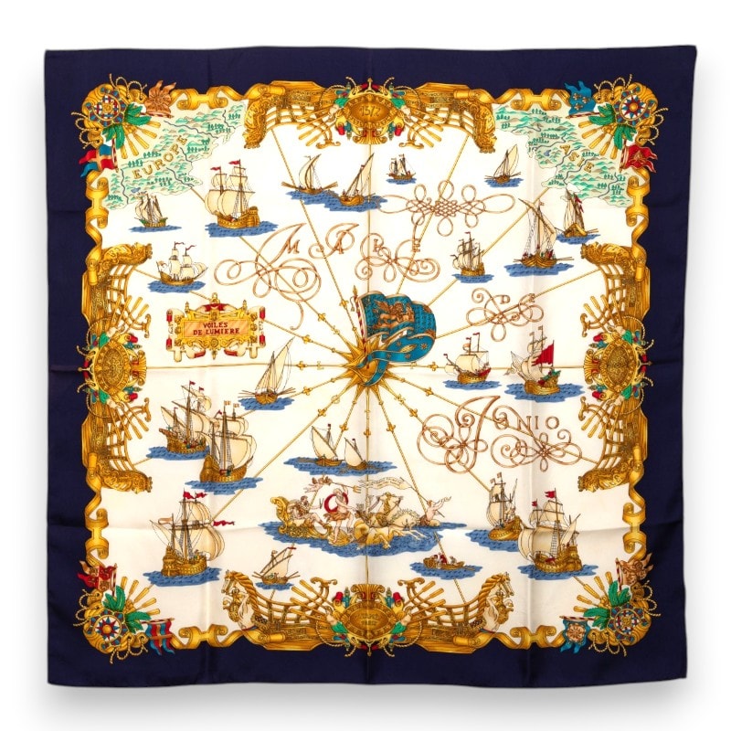 エルメス カレ90 VOILES DE LUMIERE 光の帆船 スカーフ 大判 ネイビー マルチカラー シルク レディース HERMES 【中古】